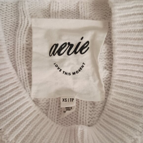 Aerie White Cable Knit Cropped Crew Neck Cotton Sweater Women’s Size XS - Picture 8 of 16